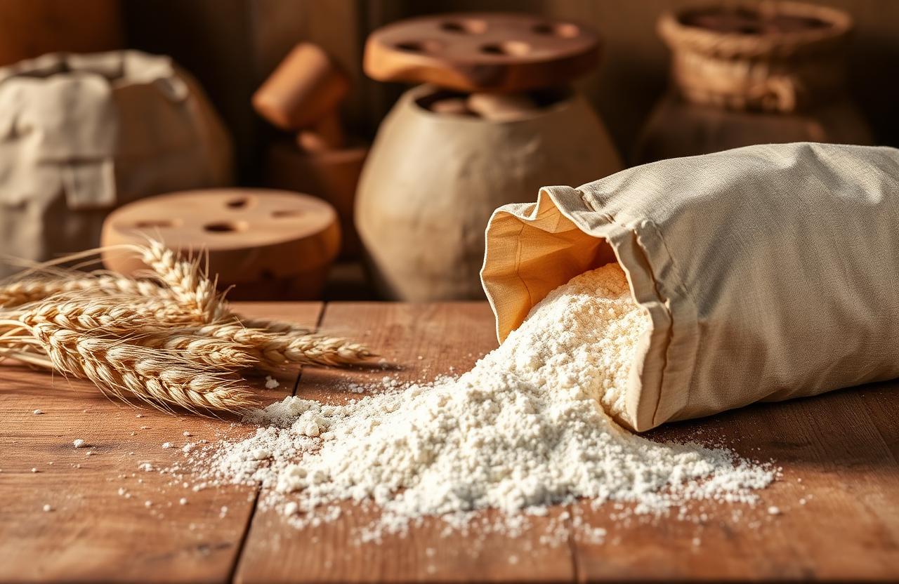 Farine italienne type 00 et épis de blé sur un plan de travail en bois