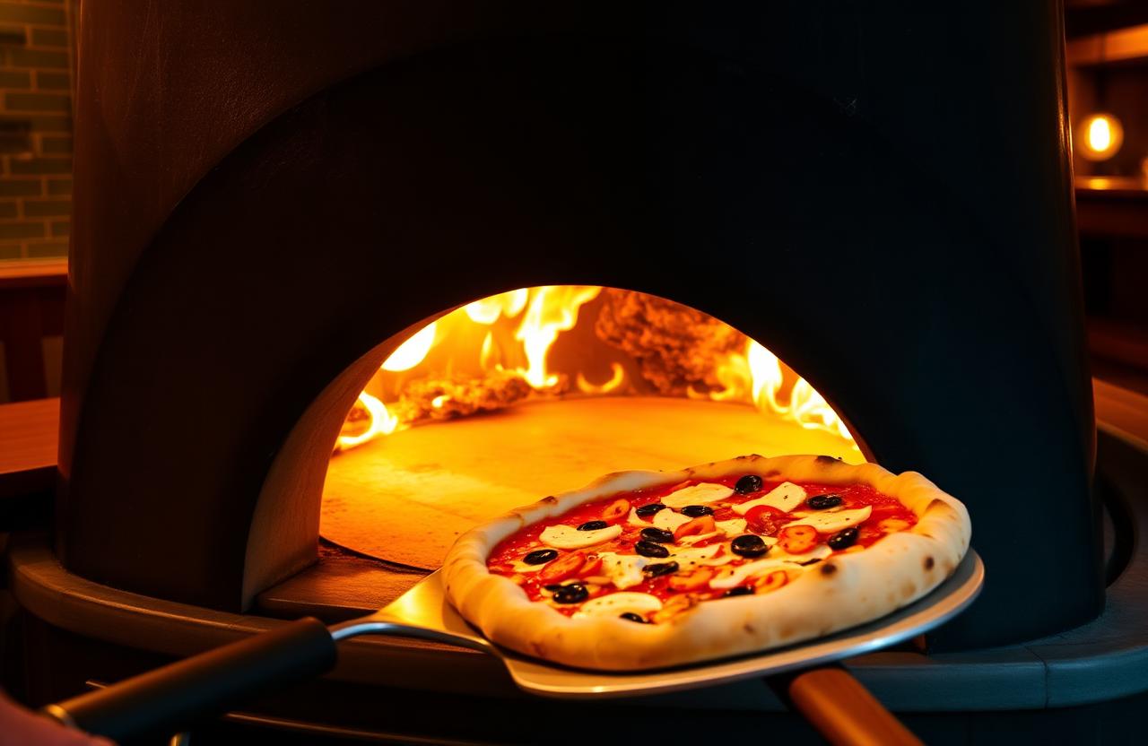 Four à bois napolitain en pleine flamme avec pizza enfournée à la pelle