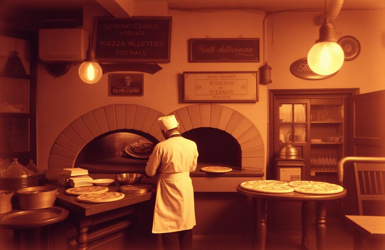 Pizzeria napolitaine vintage avec four à briques et pizzaiolo au travail