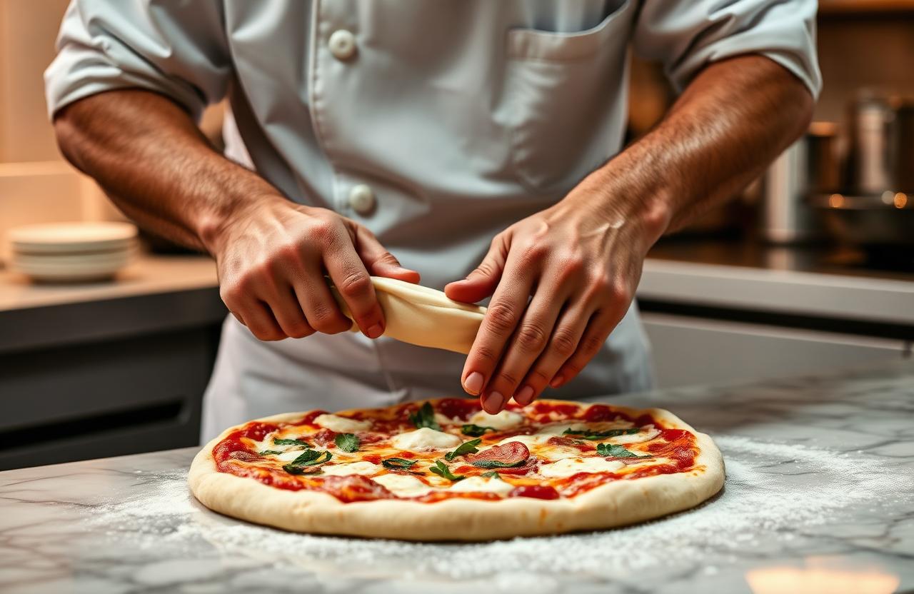 Pizzaiolo italien étirant à la main un pâton de pizza sur un plan de travail en marbre